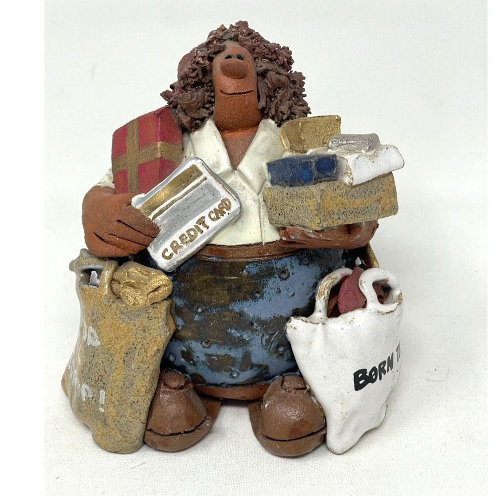 Born to Shop Red Clay Figurine Vintage Debra Handmade Pottery Signed Till I Drop